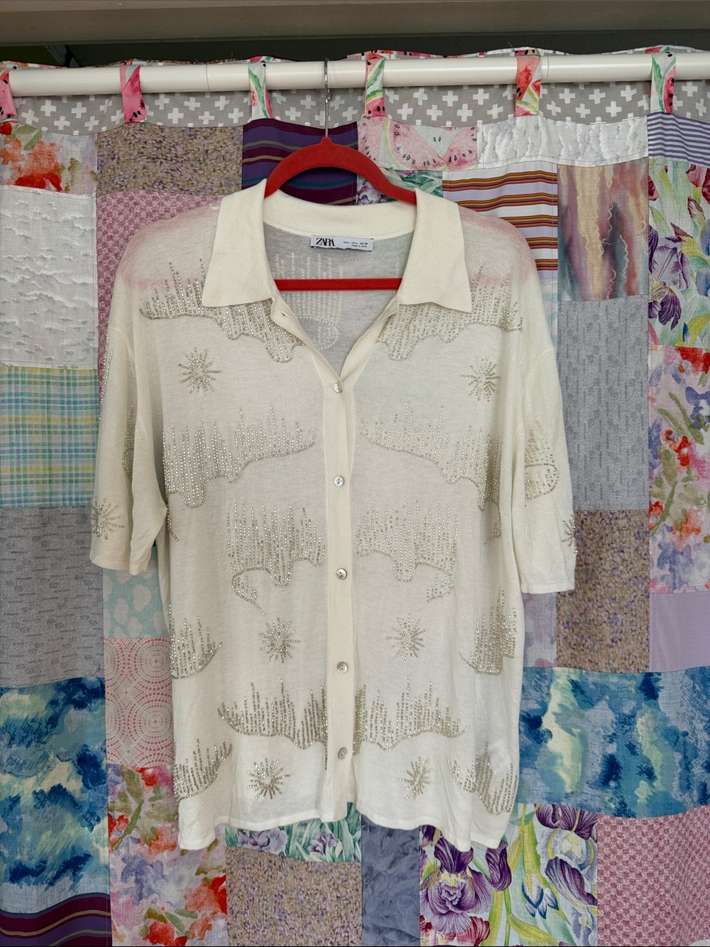 Zara Cream Short-Sleeve Sequin Button-Down Knit Shirt